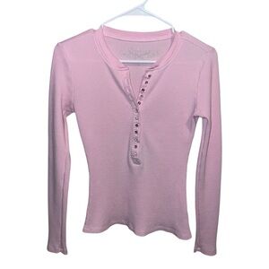Y2K Pink Thermal Henley Rhinestone Button Bling Long Sleeve Fitted Top Small